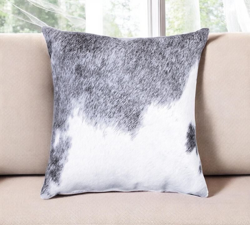 HomeRoots 18" Gray and White Cowhide Throw Pillow image number 1