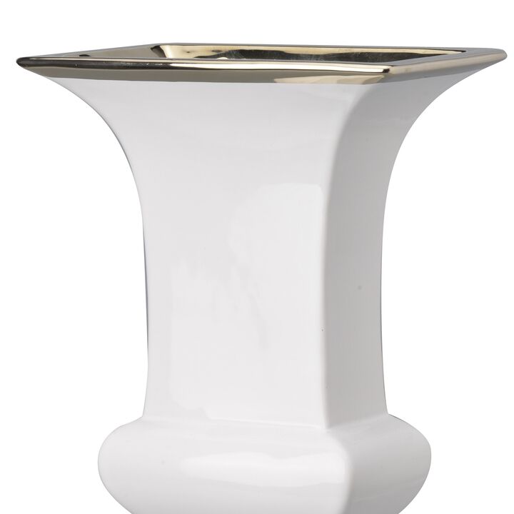 Ceramic Decorative Urn With Rectangular Opening, Large, White & Silver - Benzara