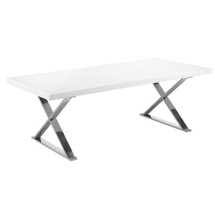 Rix 87 Inch Dining Table, White Wood Top, X Chrome Finished Steel Legs