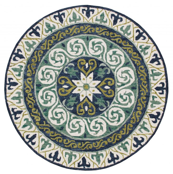 7 Round Blue and Green Ornate Medallion Area Rug