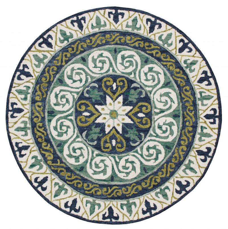 5 Round Blue and Green Ornate Medallion Area Rug