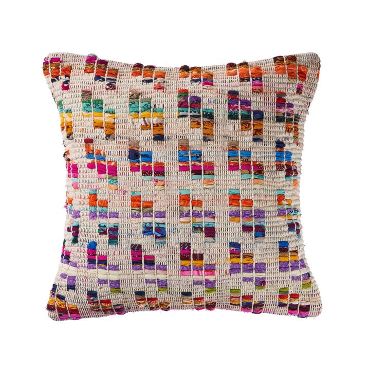20" Beige and Pink Eclectic Chindi Square Throw Pillow