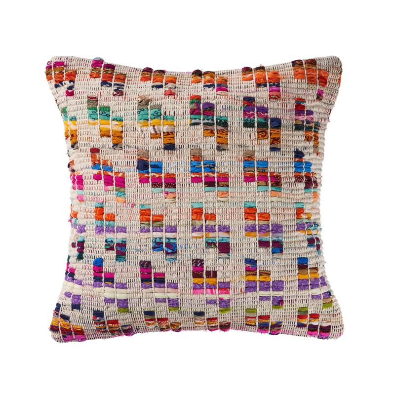 20" Beige and Pink Eclectic Chindi Square Throw Pillow image number 0
