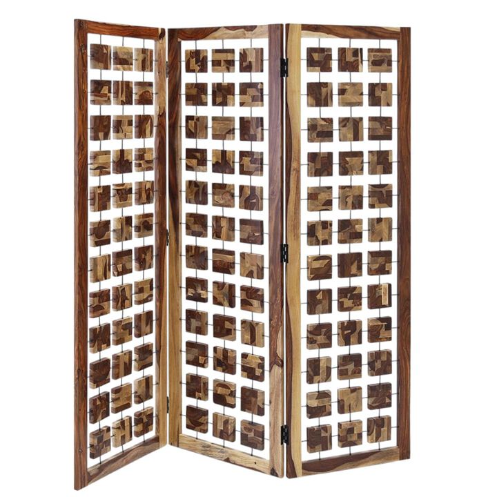 HomeRoots 72" Brown Solid Wood Folding Three Panel Screen Room Divider