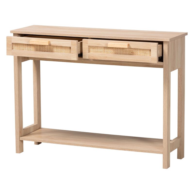 Baxton Studio Sebille Mid Century Light Brown Finished 2 Drawer Console Rattan Table image number 2