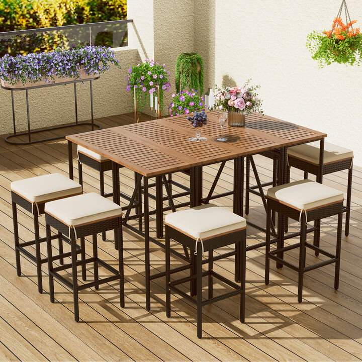 Whisen 10-Piece All-Weather Outdoor Dining Sets , Acacia Wood & PE Rattan, Foldable Bar Table and Stools