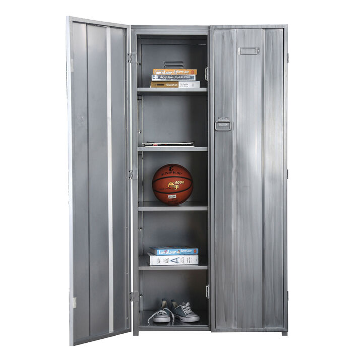 Industrial Metal Frame Large Accent Locker with Hanging Pull Handles, Silver-Benzara
