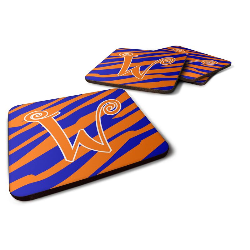 Caroline's Treasures CJ1036-WFC Monogram-Tiger Stripe Blue and Orange Foam Coasters (Set of 4), Initial Letter W, 3.5 H x 3.5 W, Multicolor