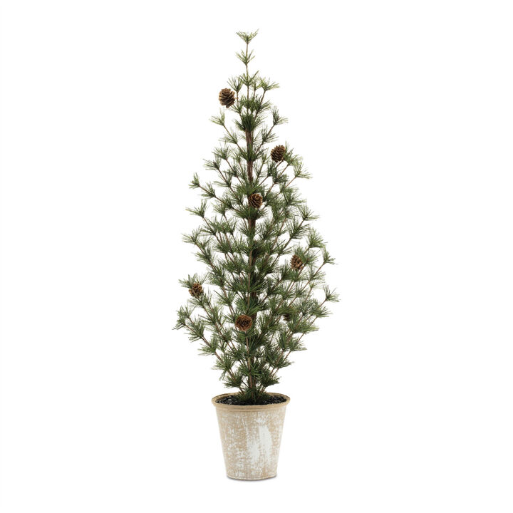 HomeRoots Set of Two 32" Mini Artificial Pine Trees With Pinecones In Rustic Brown Pots