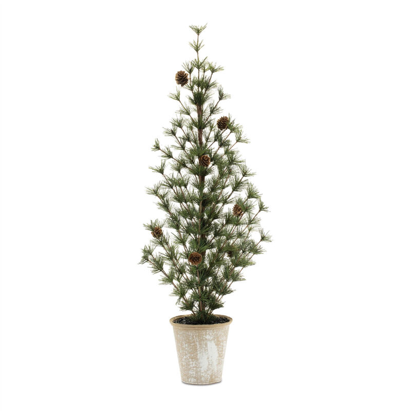 HomeRoots Set of Two 32" Mini Artificial Pine Trees With Pinecones In Rustic Brown Pots image number 0