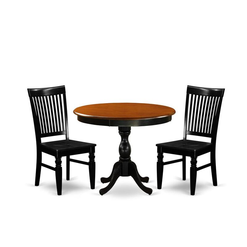 East West Furniture 3-Piece Dining Set Consist of Dinning Table and 2 Dining Chairs with Slatted Back - Black Finish