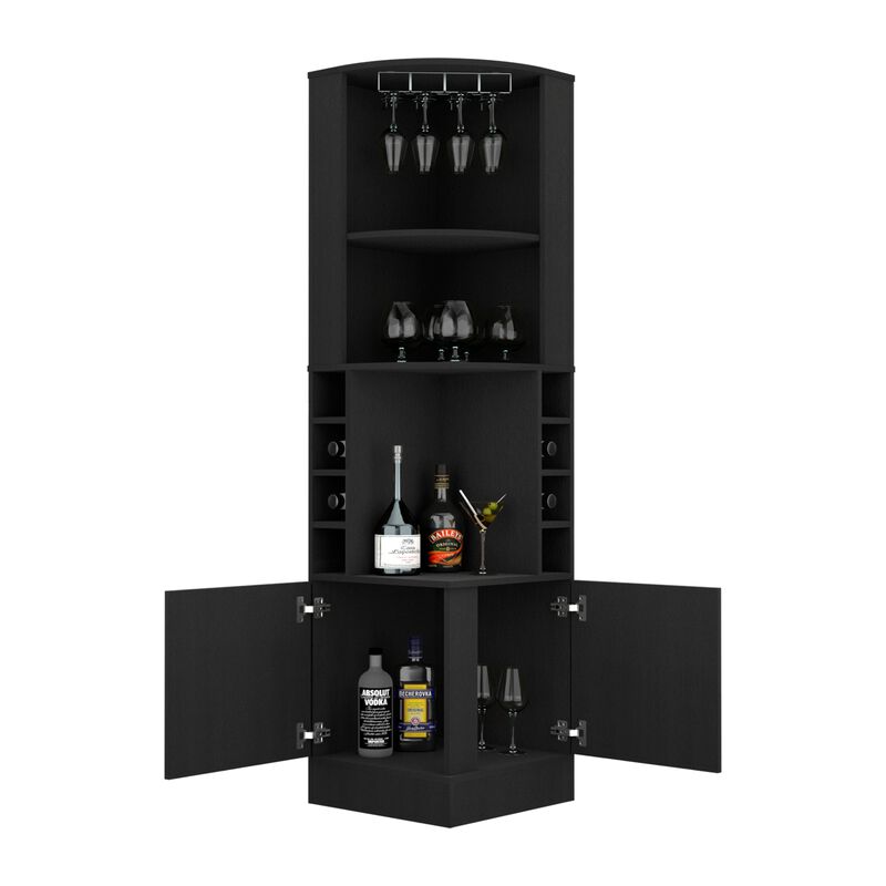 Kava Being Corner Bar Cabinet, Glass Rack, Double Door Cabinet, Eight Built-in Wine Rack-Black