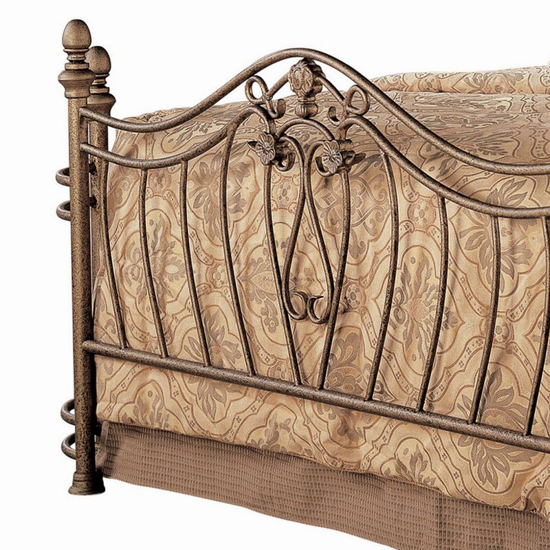 Kish King Metal Bed, Swirling Floral Motifs, Acorn Finials, Antique Gold - Benzara