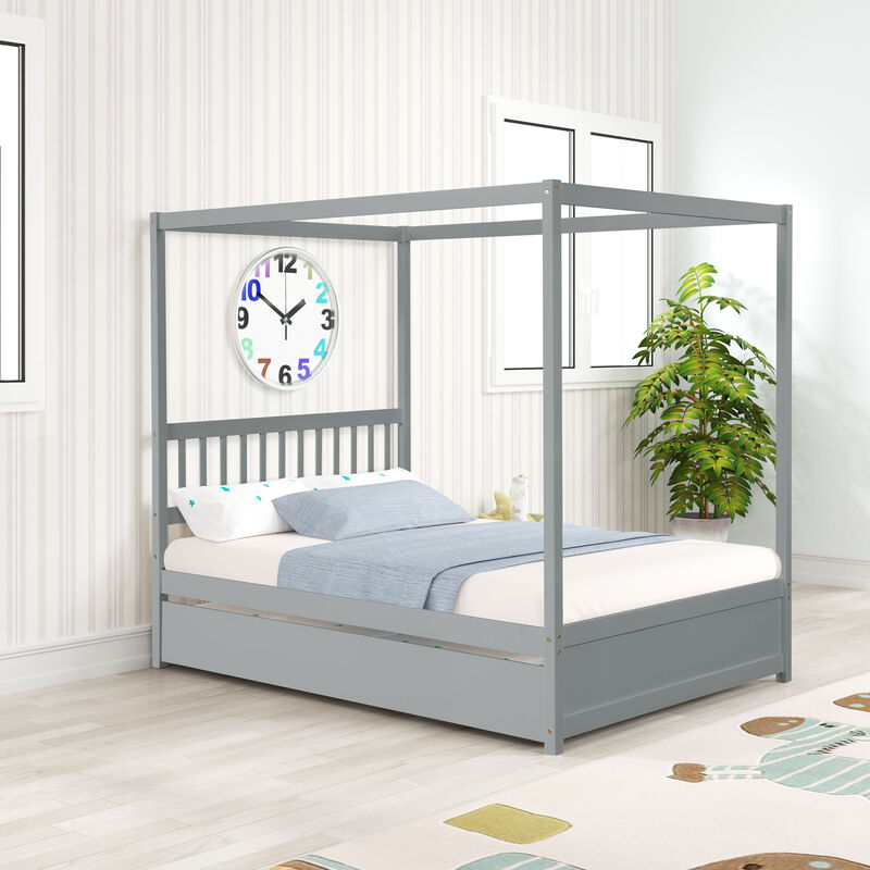 Whisen Full Size Canopy Bed with Twin Trundle, Kids Solid Wood Platform Bed Frame- Gray