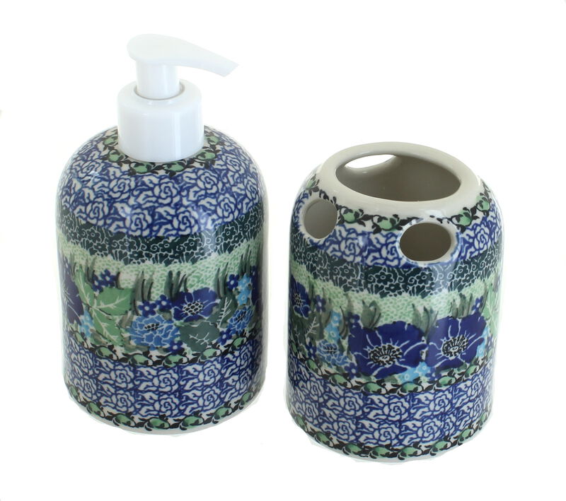 Blue Rose Polish Pottery Athena Soap Dispenser & Toothbrush Holder