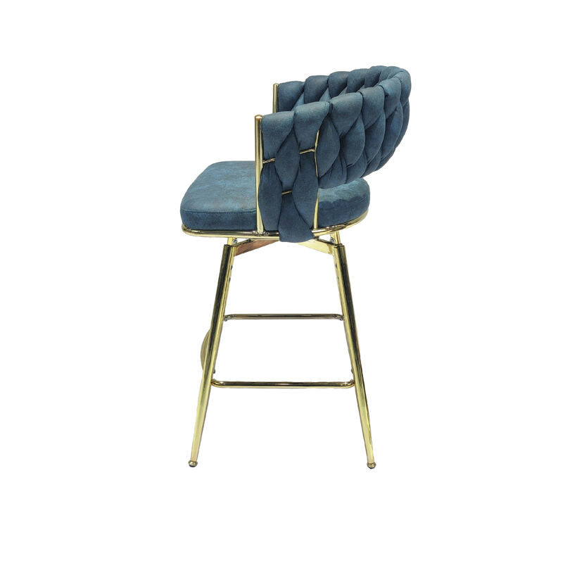 Bar Chair Suede Woven Bar Stool Set of 2, Golden legs Barstools No Adjustable Kitchen Island Chairs,360 Swivel Bar Stools Upholstered Bar Chair Counter Stool Arm Chairs with Back Footrest, (Blue)