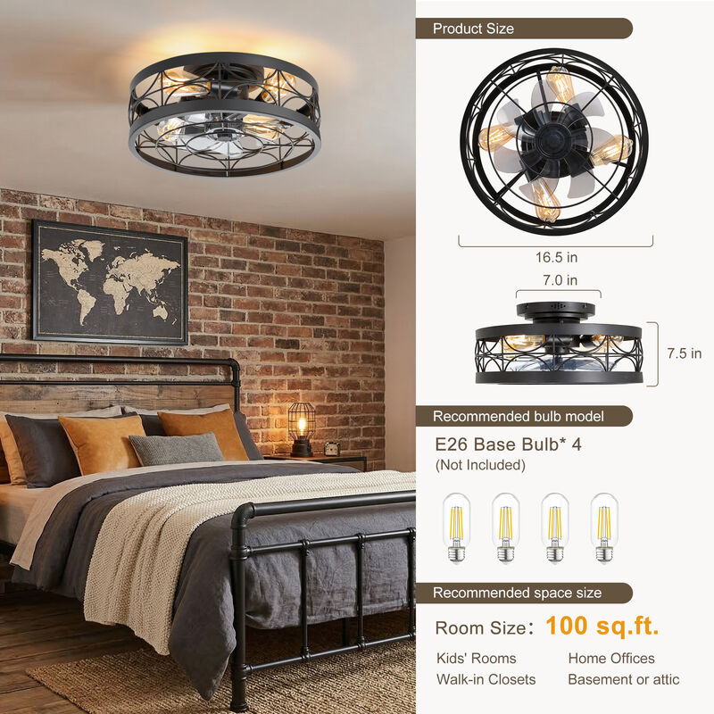 Breezary 16.5" Vintage Cage Ceiling Fan with Light, 7 Blades, 6 Speed, Low Profile Flush Mount, Reversible Airflow image number 2