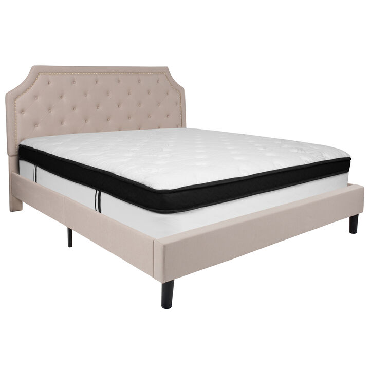 Brighton King Size Tufted Upholstered Platform Bed in Beige Fabric with Memory Foam Mattress
