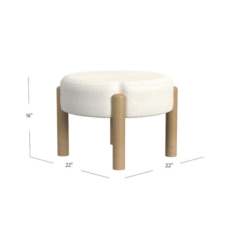 Eli 22 Inch Ottoman Footstool, Cream Boucle and Natural Brown Hardwood