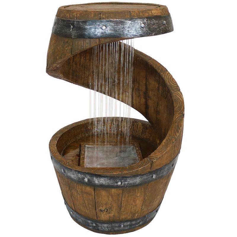 Sunnydaze Spiraling Barrel Outdoor Water Fountain with LED Lights - 25 in