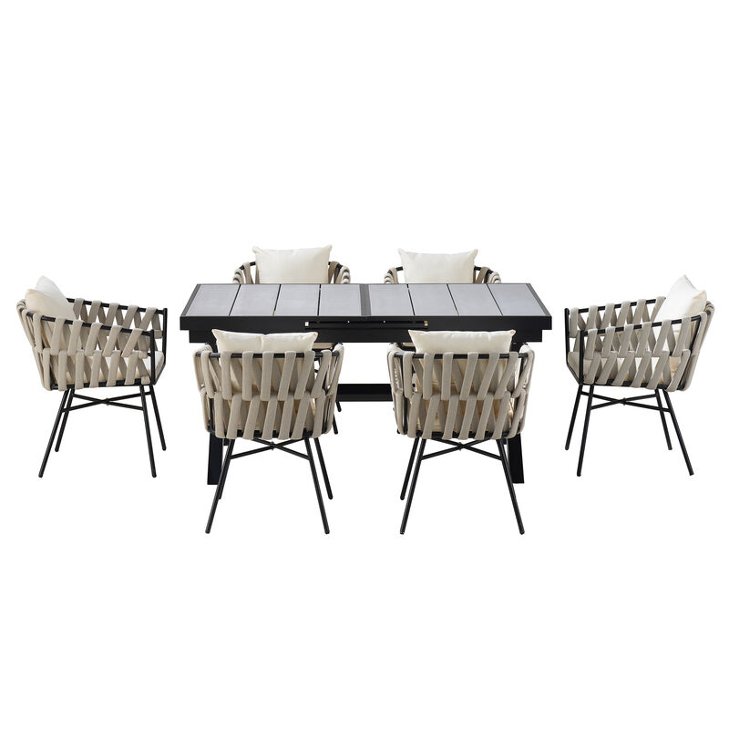 Whisen Modern 7-Piece Outdoor Patio Dining Set with Upholstered  Woven Tape Chairs and Extendable Table