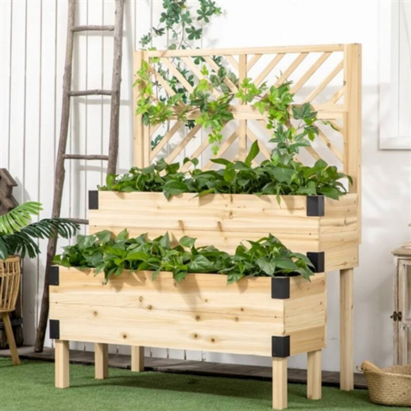 Multi-Level Wooden Raised Garden Bed &ndash; 2-Tier Self-Draining Planter with Trellis Support