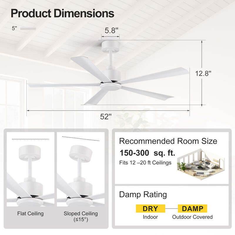 Breezary 52" Ceiling Fan No Light, 5 Blades, 6 Speed Reversible, Remote Control, Low Profile image number 3