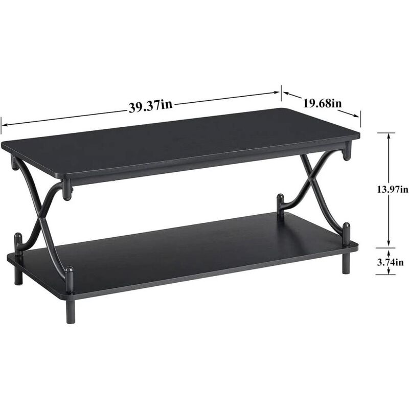 Hivvago Modern Industrial Black Metal Wood Coffee Table with Bottom Storage Shelf