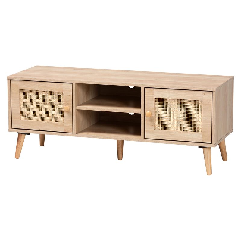 Baxton Studio Sebille  Light Brown Finished Wood 2 Door TV Stand with Natural Rattan image number 0