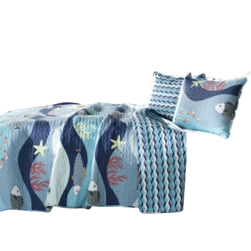 Hivvago Twin Blue Serenity Sea Fish Coral Coverlet Quilt Bedspread Set