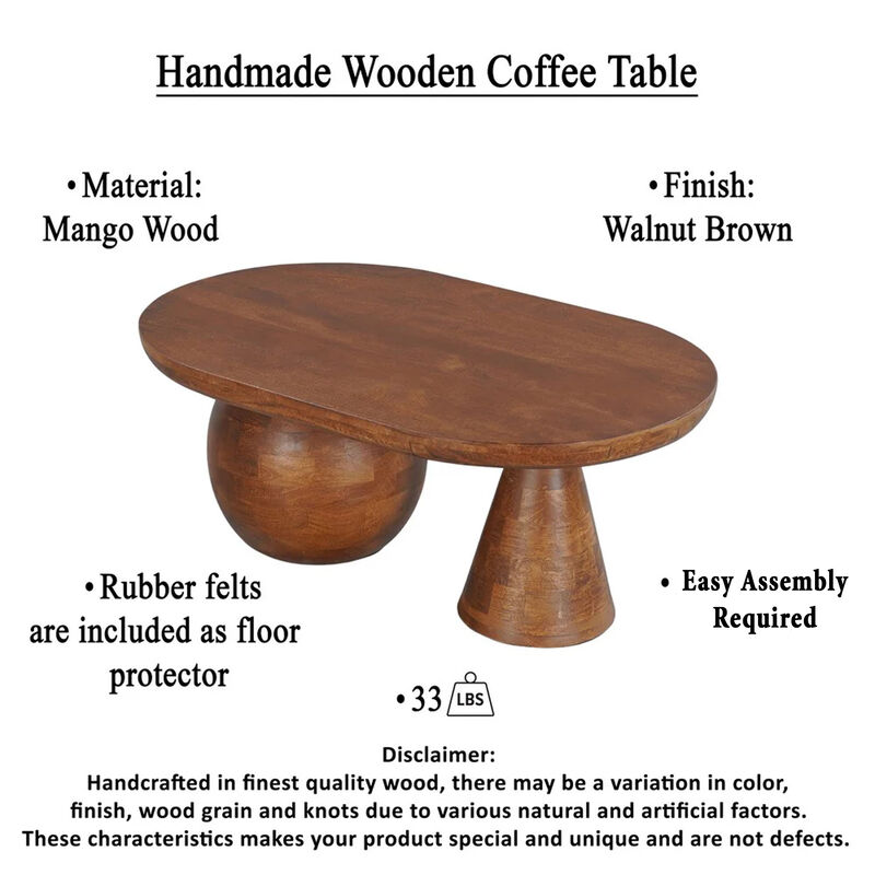 Leeds Coffee Table, 38" Handmade Walnut Brown Mango Wood Oval Top, Round Ball and Cone Base image number 5