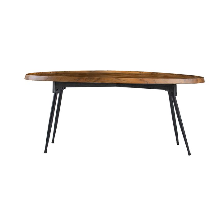 Benjara Aji 39 Inch Coffee Table, Oval Grain Acacia Wood Top, Metal Legs, Brown and Black