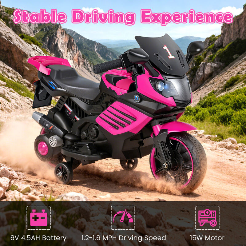 Electric Kids Motorcycle 6V with Headlights Music and Detachable Training Wheels for Yard image number 5