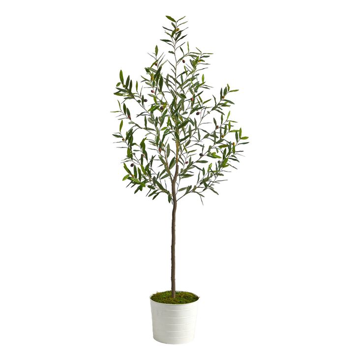 Nearly Natural 70-in Olive Artificial Tree in White Tin Planter