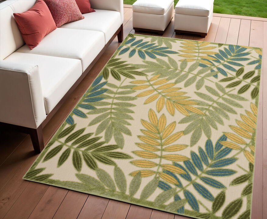 HomeRoots 4' X 6' Green Ivory Blue And Yellow Palm Leaf Indoor Outdoor Area Rug