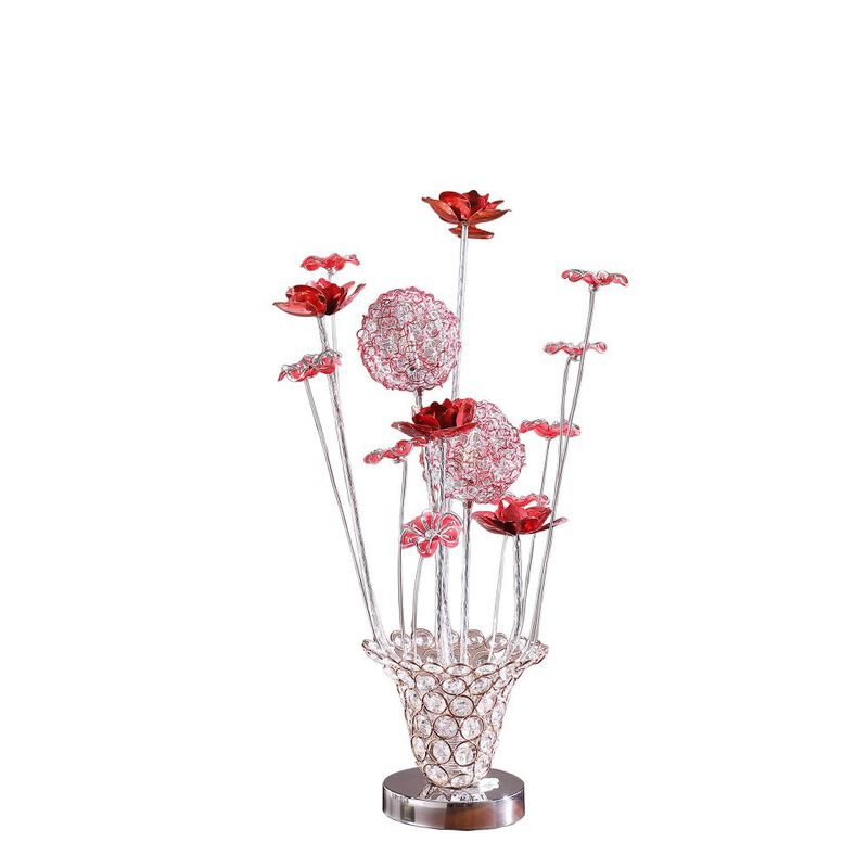 Hivvago 21" Silver and Clear Metal and Faux Crystal Red Roses Bedside Lamp