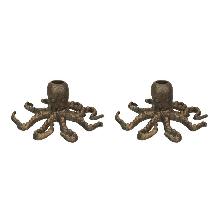 Set of 2 Octopus Candle Holders &ndash; Antique Gold Finish &ndash; Nautical Beach Accent