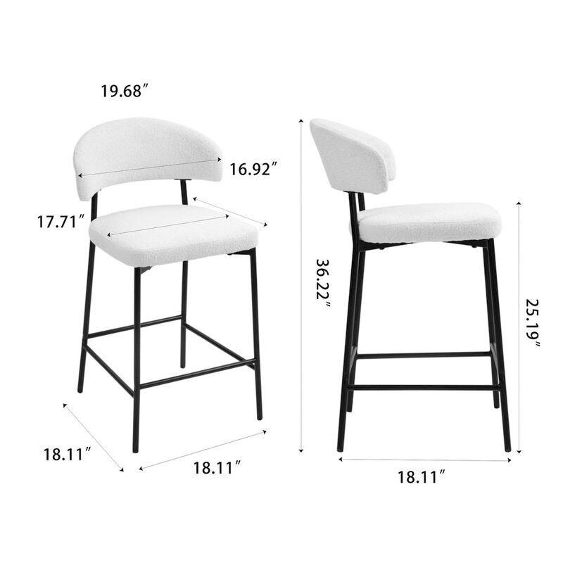 Glamour Home Set of 2 Bennett White Boucle Upholstered Fabric Counter Stool Black Iron Legs