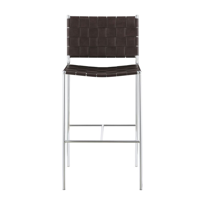 Anx 29 Inch Barstool, Chrome Metal Legs, Brown Faux Leather Band Weaving-Benzara
