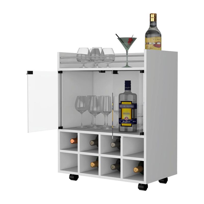 Bar Cart with 8-Bottle Holder, Glass-Paneled Cabinet and Aluminum-Touched Top