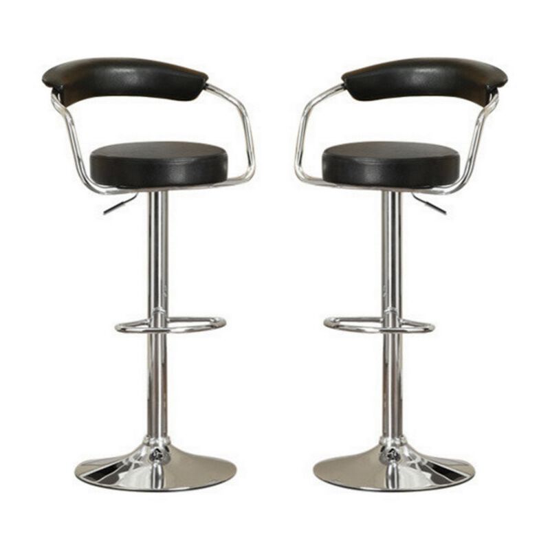 Round Seat Bar Stool With Gas Lift Black and Silver Set of 2-Benzara