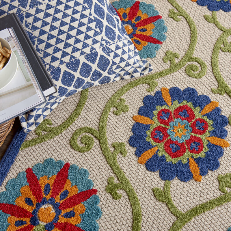 HomeRoots 4' X 6' Navy Blue Beige Green Blue And Red Floral Indoor Outdoor Area Rug image number 5