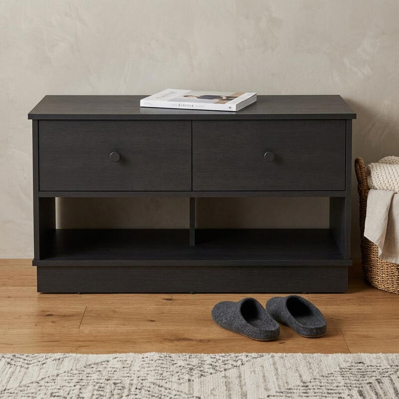 HomeRoots 36" Black Wood Storage Bench With Drawers And Shelves image number 1