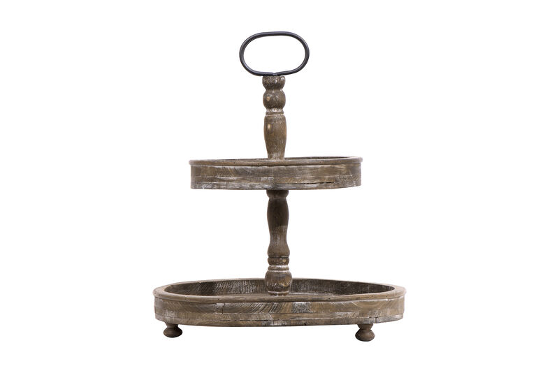 Distressed Brown Wood 2-Tier Tray with Metal Handle image number 0