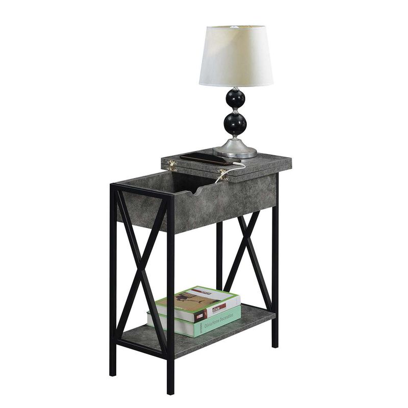 Convenience Concepts Tucson Flip Top End Table with Charging Station Cement / Black