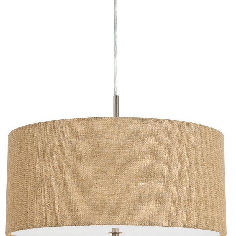 Metal Pendant Lighting with Fabric Circular Drum Shade and Cord, Beige - Benzara