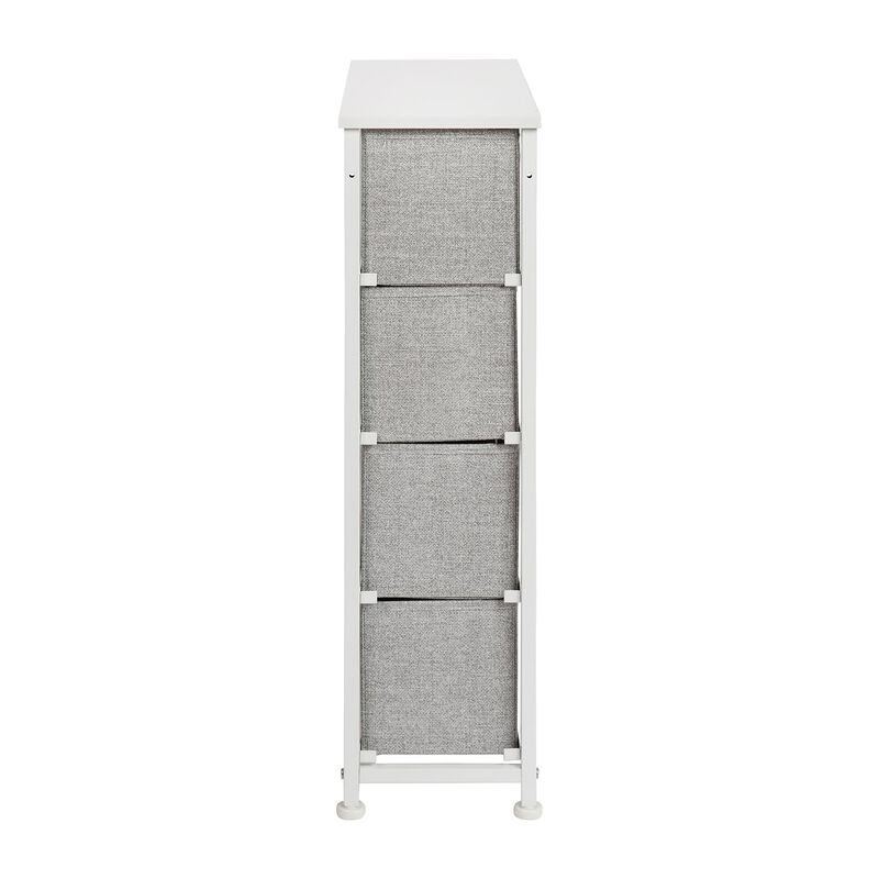 Flash Furniture Harris 4 Drawer Slim Wood Top White Cast Iron Frame Dresser Storage Tower with Light Gray Easy Pull Fabric Drawers