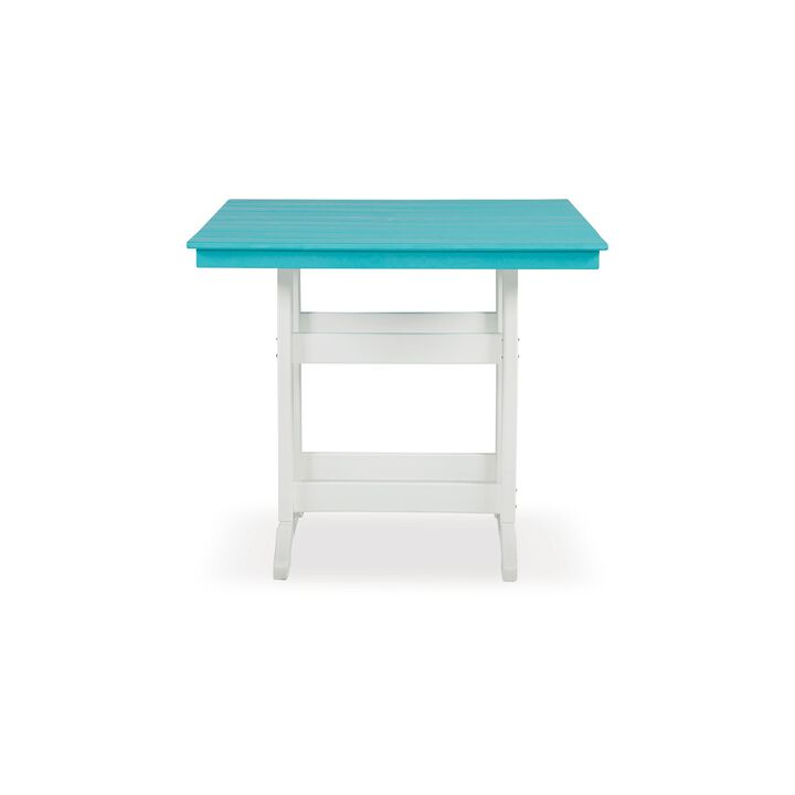 Ely 42 Inch Counter Height Dining Table, Outdoor Slatted, Turquoise, White - Benzara