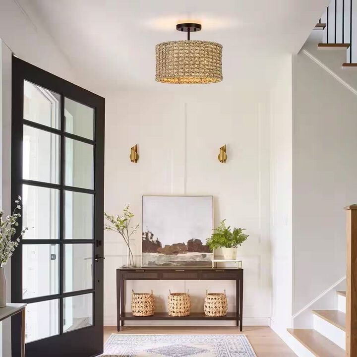 Handwoven Rattan Drum Ceiling Light – Semi-Flush Mount with Two Bulb Capacity