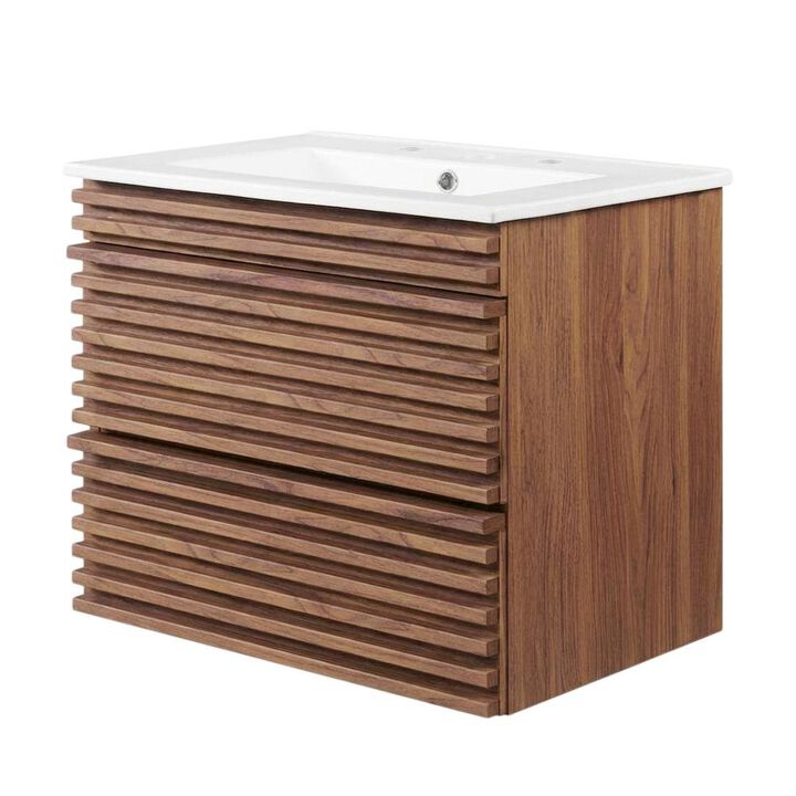 Walnut White 24-Inch Wall-Mount Bathroom Vanity with Ceramic Sink